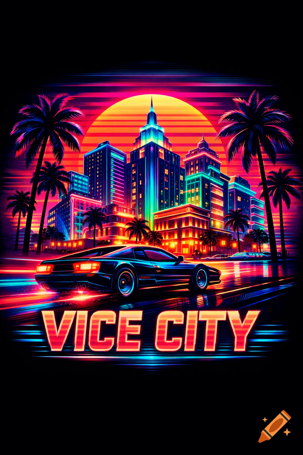 A retro-wave illustration of a neon city at sunset with palm trees, a