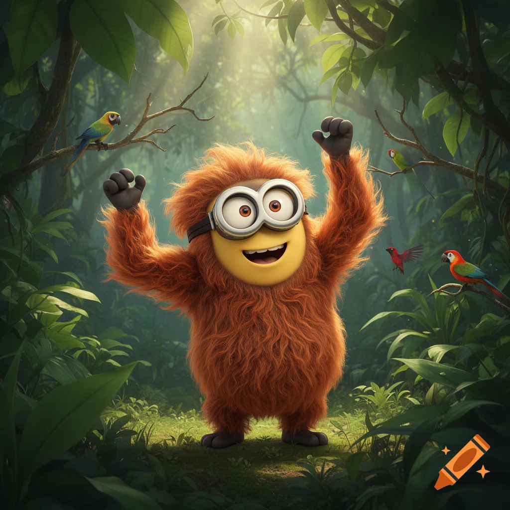 A furry, orange Minion with goggles and a wide smile stands in a lush jungle with parrots, raising its fists happily.