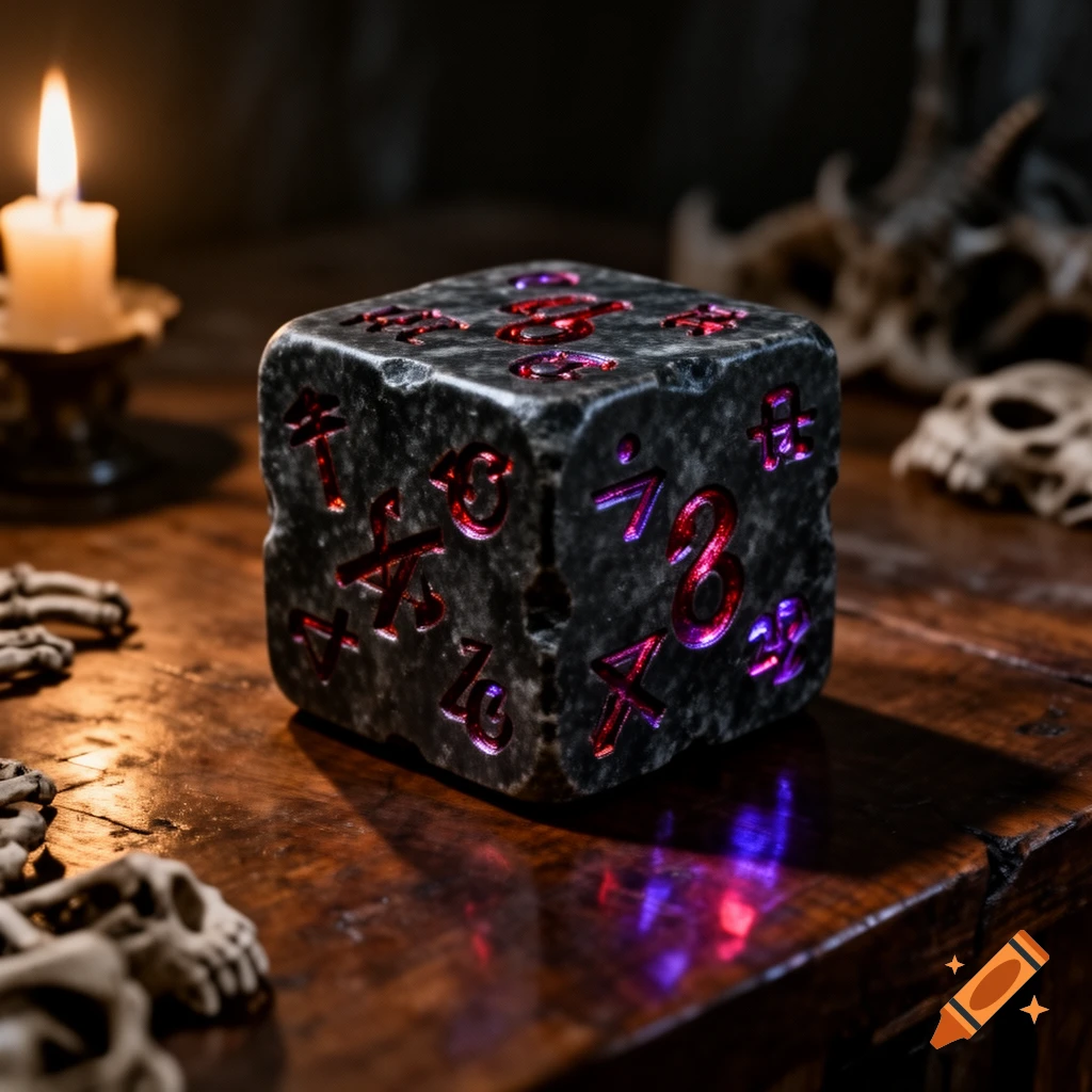 A dark stone dice with glowing red and purple runes on a wooden table, lit by a candle, with bones in the background.