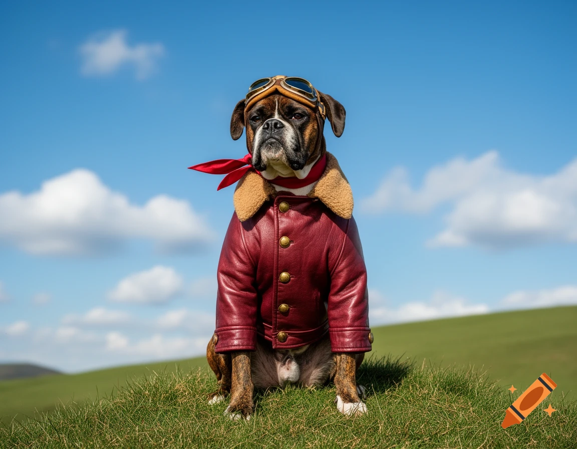 A boxer dog wearing a red leather pilot jacket, goggles, and a red scarf sits on a grassy hill under a blue sky.