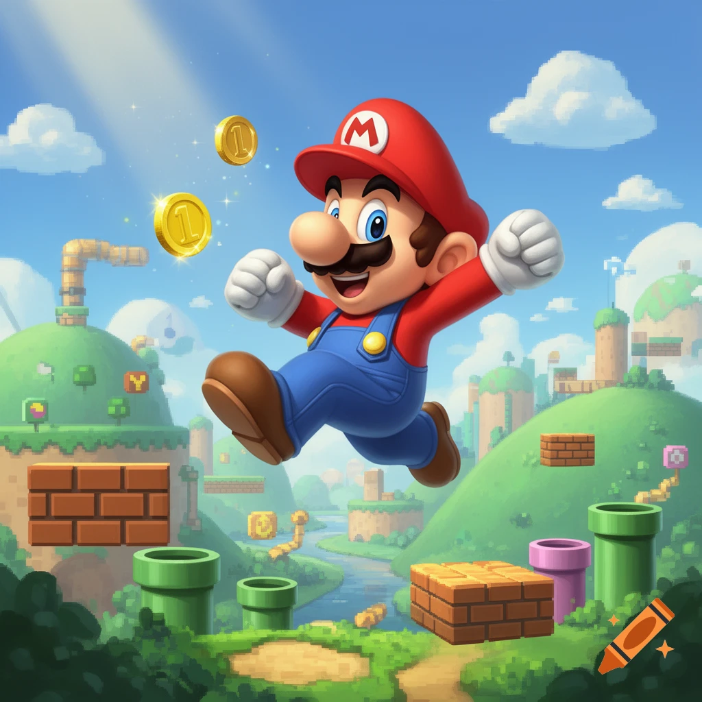 Mario jumps in a vibrant pixelated video game world, collecting golden coins above green hills and pipes.