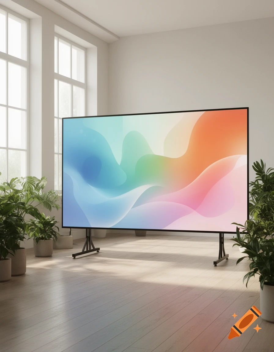 A large screen displaying colorful abstract art stands in a minimalist room with big windows and potted plants.