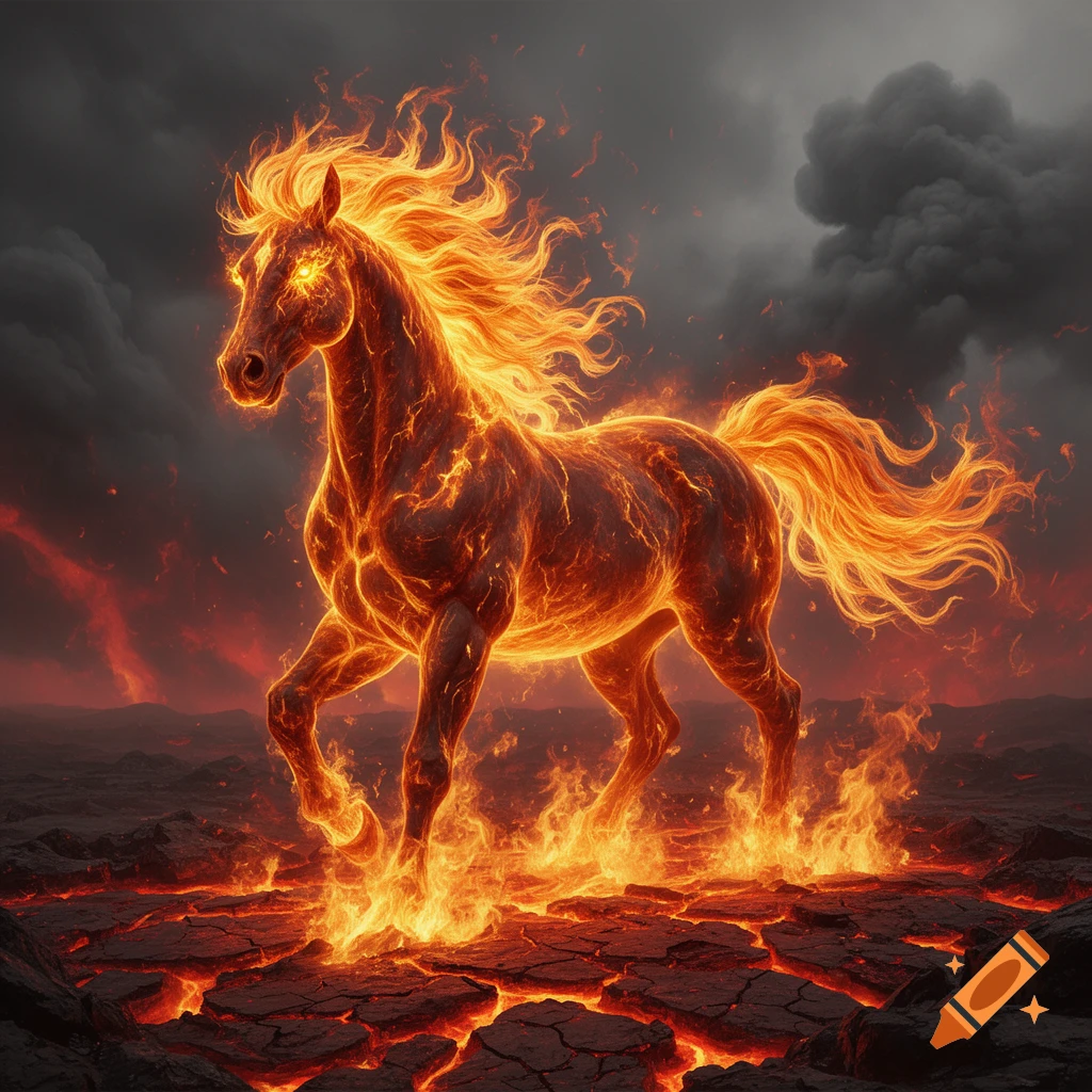A majestic fire horse with a glowing mane and eyes runs on cracked ...