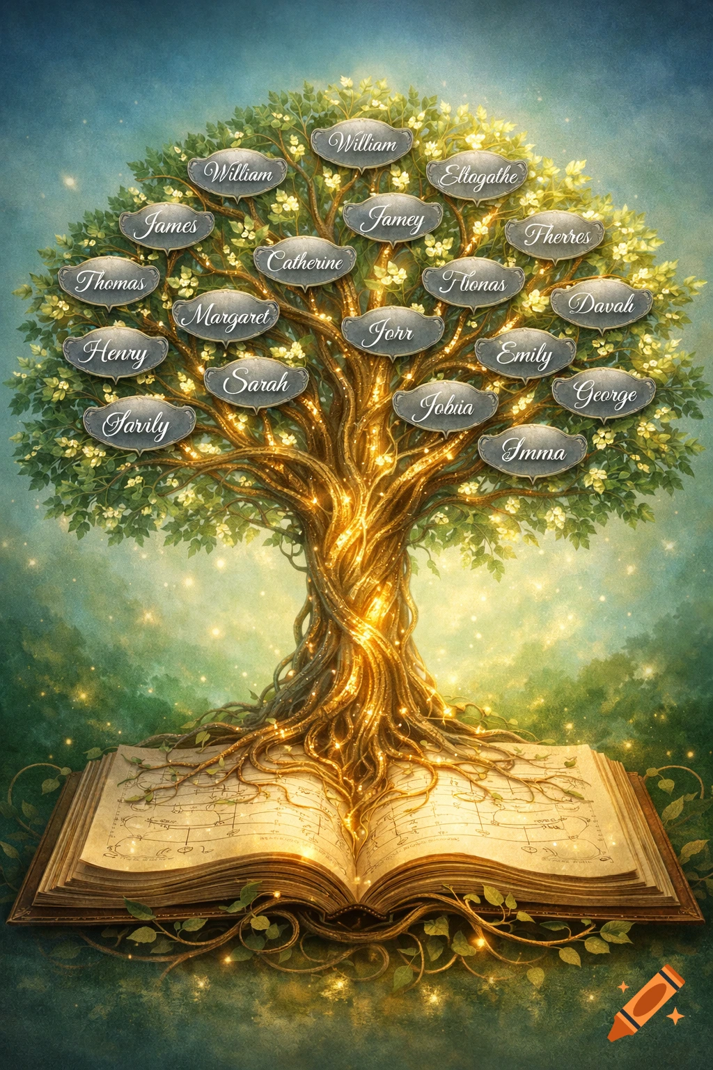 A glowing, magical family tree with names on oval plaques, rooted in an open, ancient-looking book with symbols, surrounded by sparkling light.
