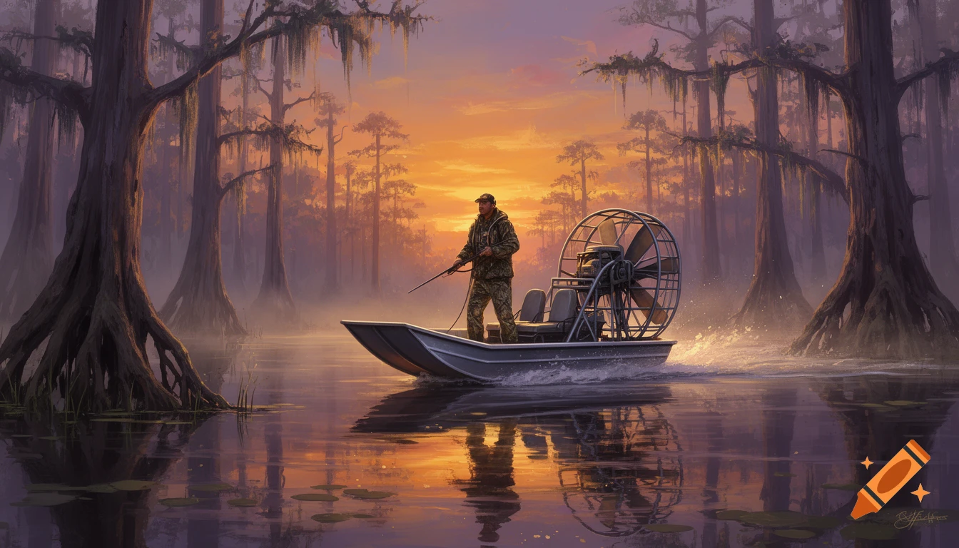 A hunter stands on an airboat in a cypress swamp at sunset, painted in warm and cool tones.