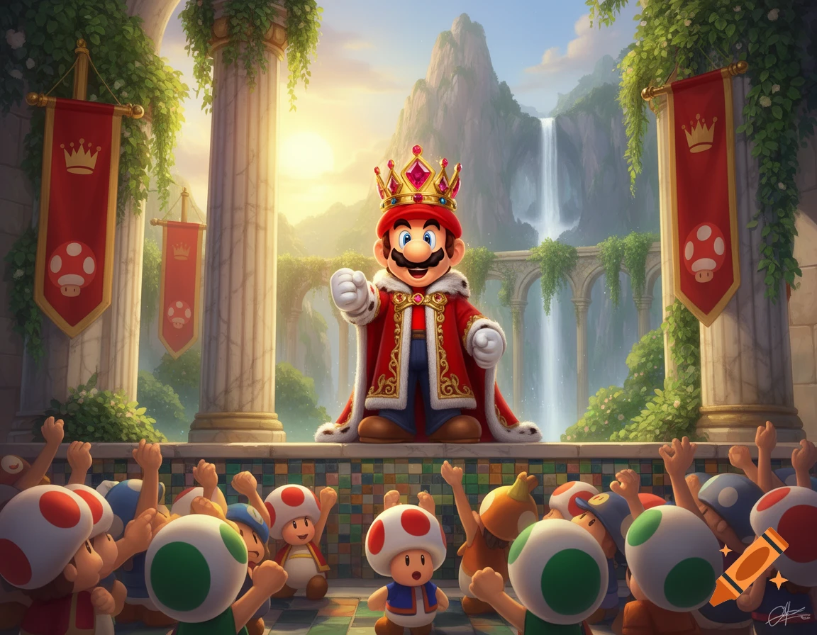 King Mario, wearing a crown and royal red cape, stands on a grand palace balcony, waving to a crowd of cheering Toads. A majestic waterfall and mountains are in the background.
