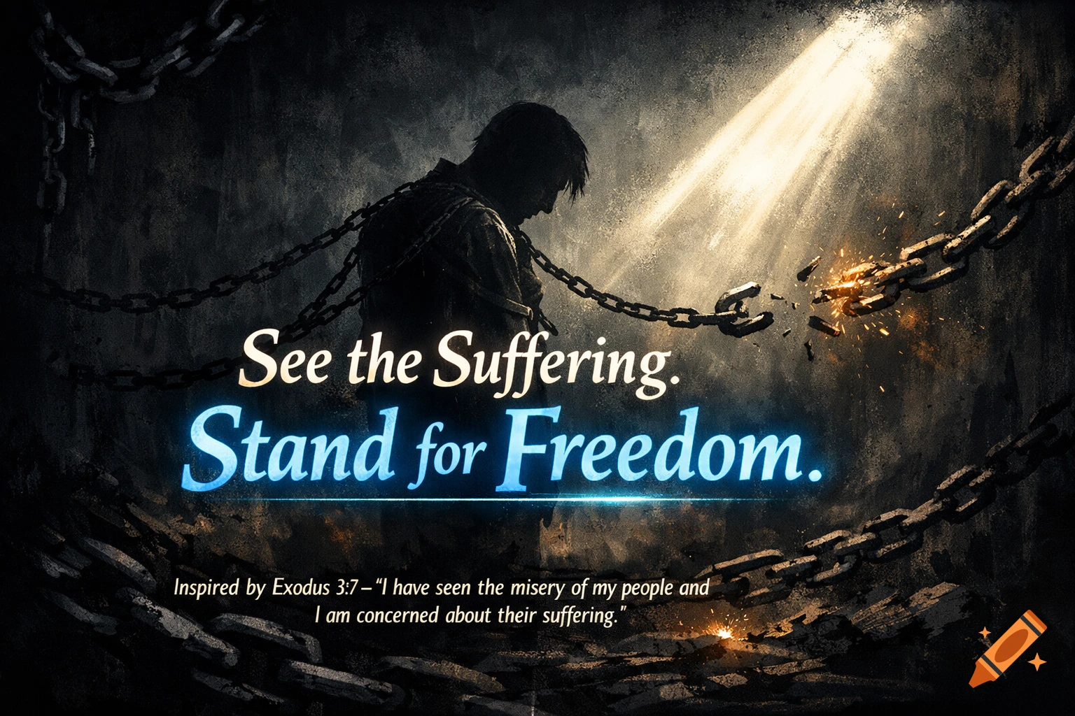 Dramatic image of a silhouetted figure in chains, illuminated by a beam of light, as chains break. Text reads 'See the Suffering. Stand for Freedom.'