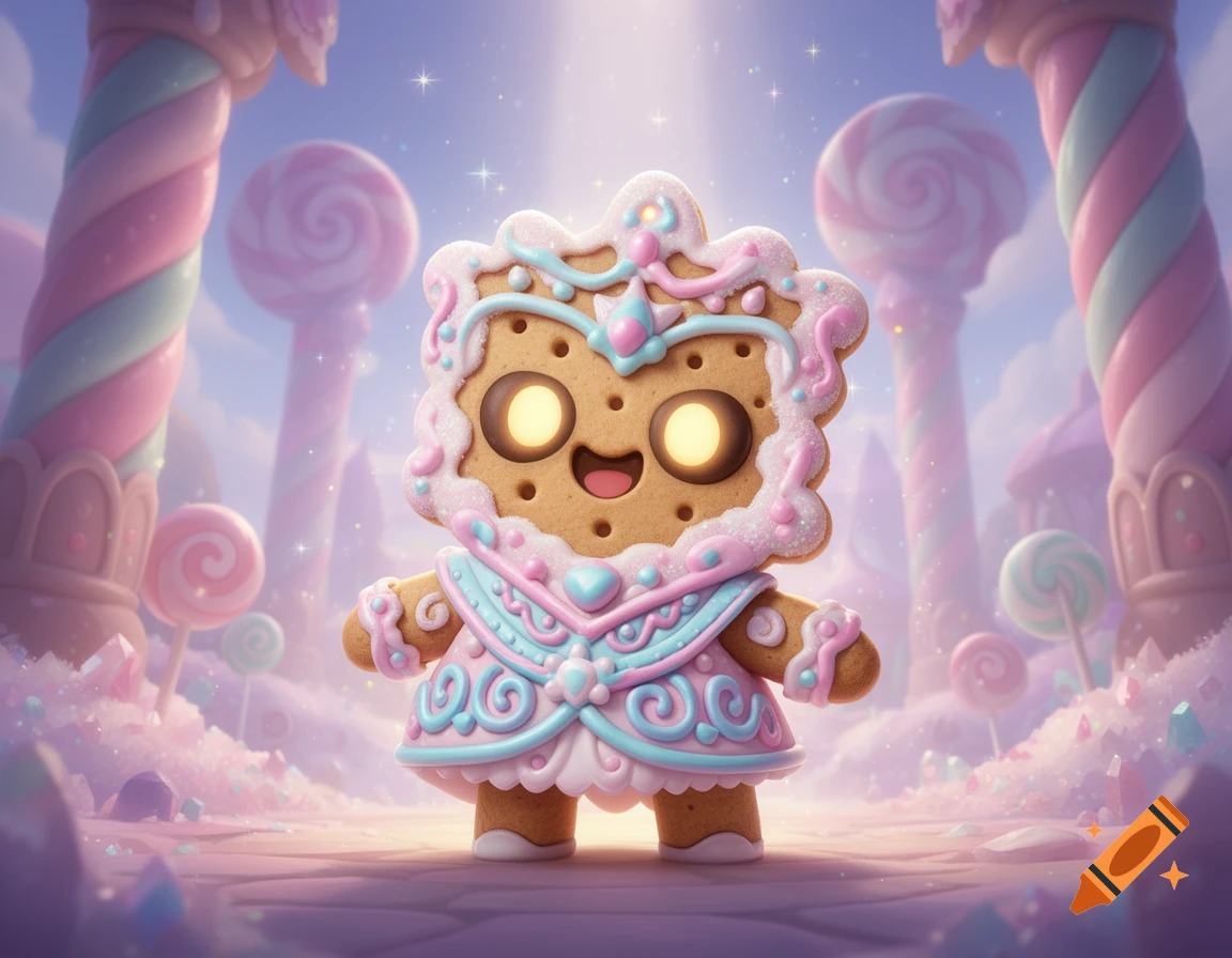 A cute, cartoonish gingerbread character decorated with pink and blue icing stands in a sparkling candy land with lollipop trees.