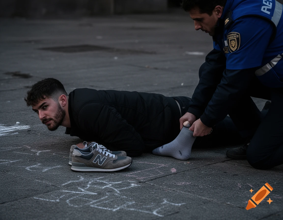 A police officer searches a man lying on his stomach on the ground. The man's New Balance sneakers are next to him.