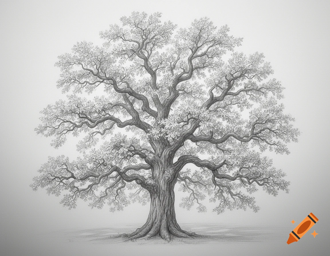 Detailed pencil drawing of a large, mature oak tree with a sprawling canopy of leaves and thick branches.