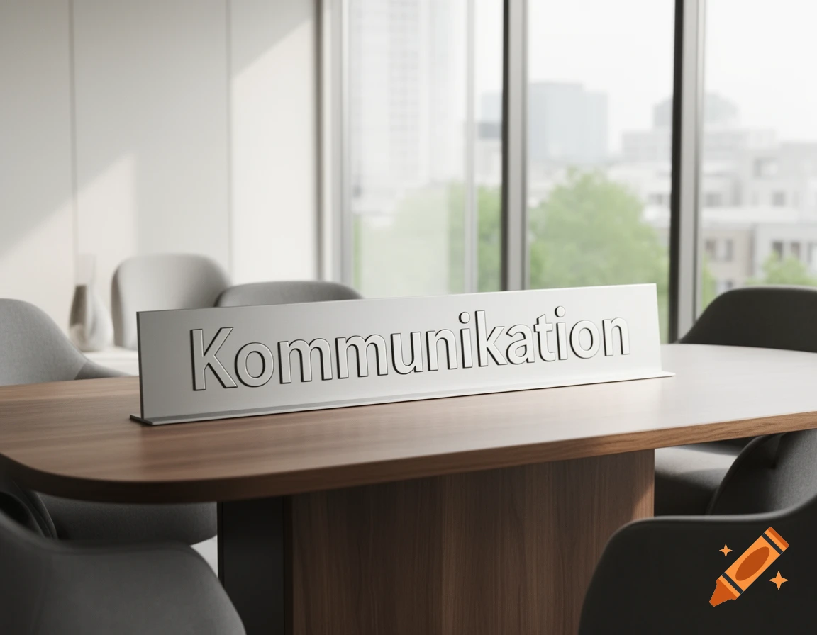 A silver nameplate with "Kommunikation" on a wooden conference table in a modern office with city views.