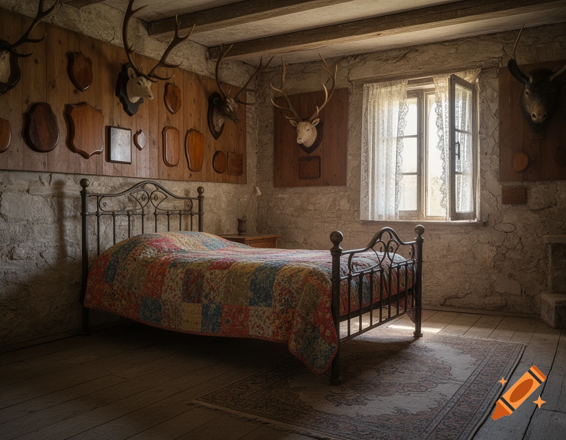 Rustic bedroom with a metal bed, colorful patchwork quilt, deer hunting trophies on stone walls, and a sunlit window.