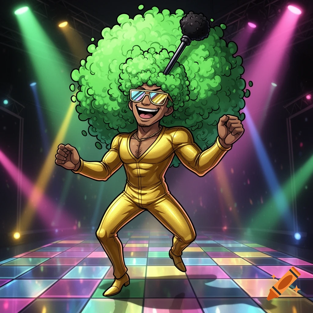 A cartoon disco dancer with a massive green afro, sunglasses, and a gold jumpsuit dances on a colorful tiled floor under spotlights.