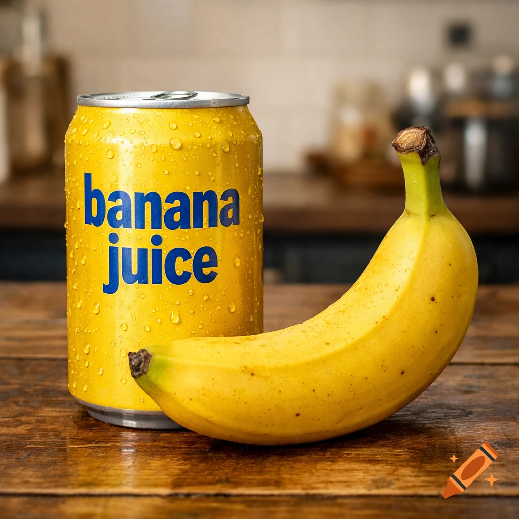 A yellow can of 'banana juice' covered in condensation next to a ripe banana on a wooden table.