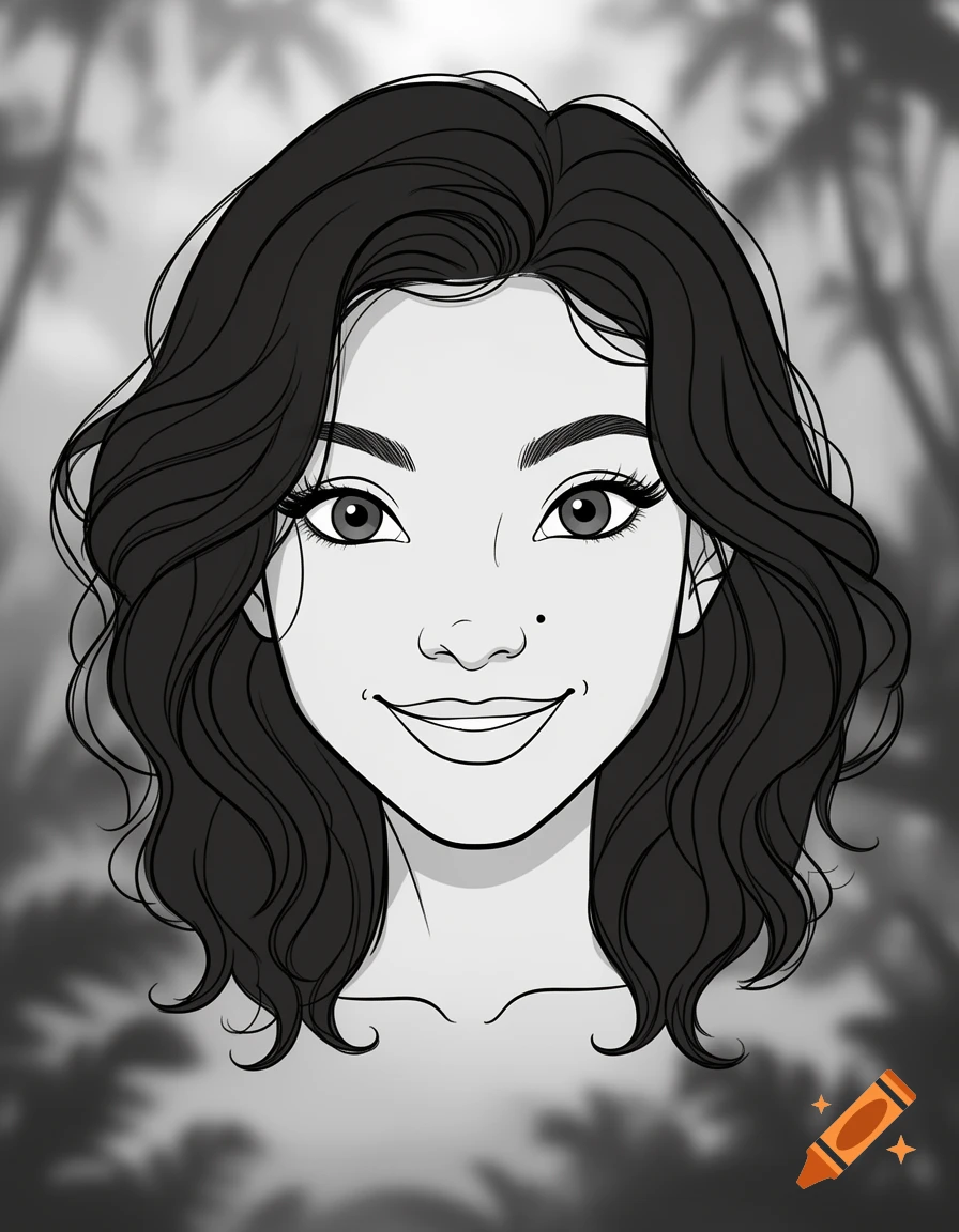 A black and white line art portrait of a young woman with wavy dark hair, a small mole, and a subtle smile, with a blurred jungle background.