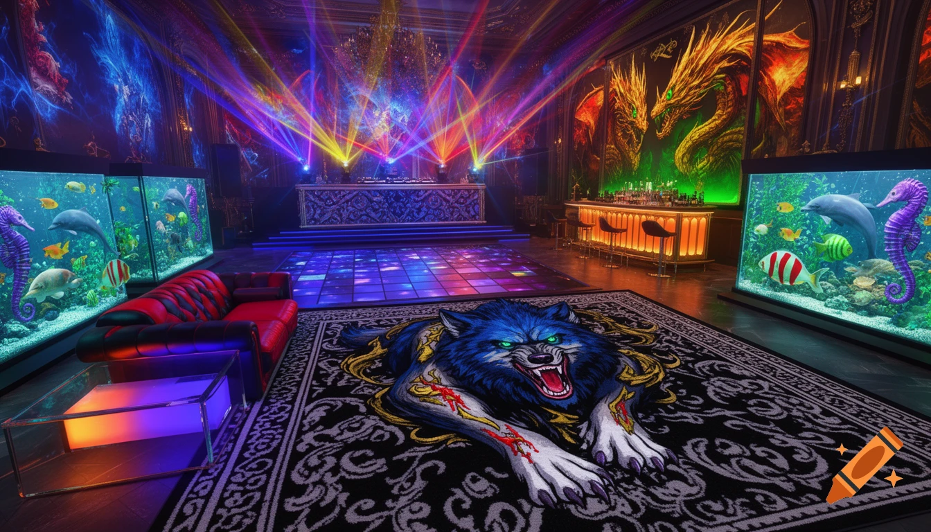 A vibrant fantasy nightclub interior with laser lights, a glowing dance floor, a red leather sofa, a bar, aquariums with sea creatures, large dragon murals, and a blue werewolf rug.
