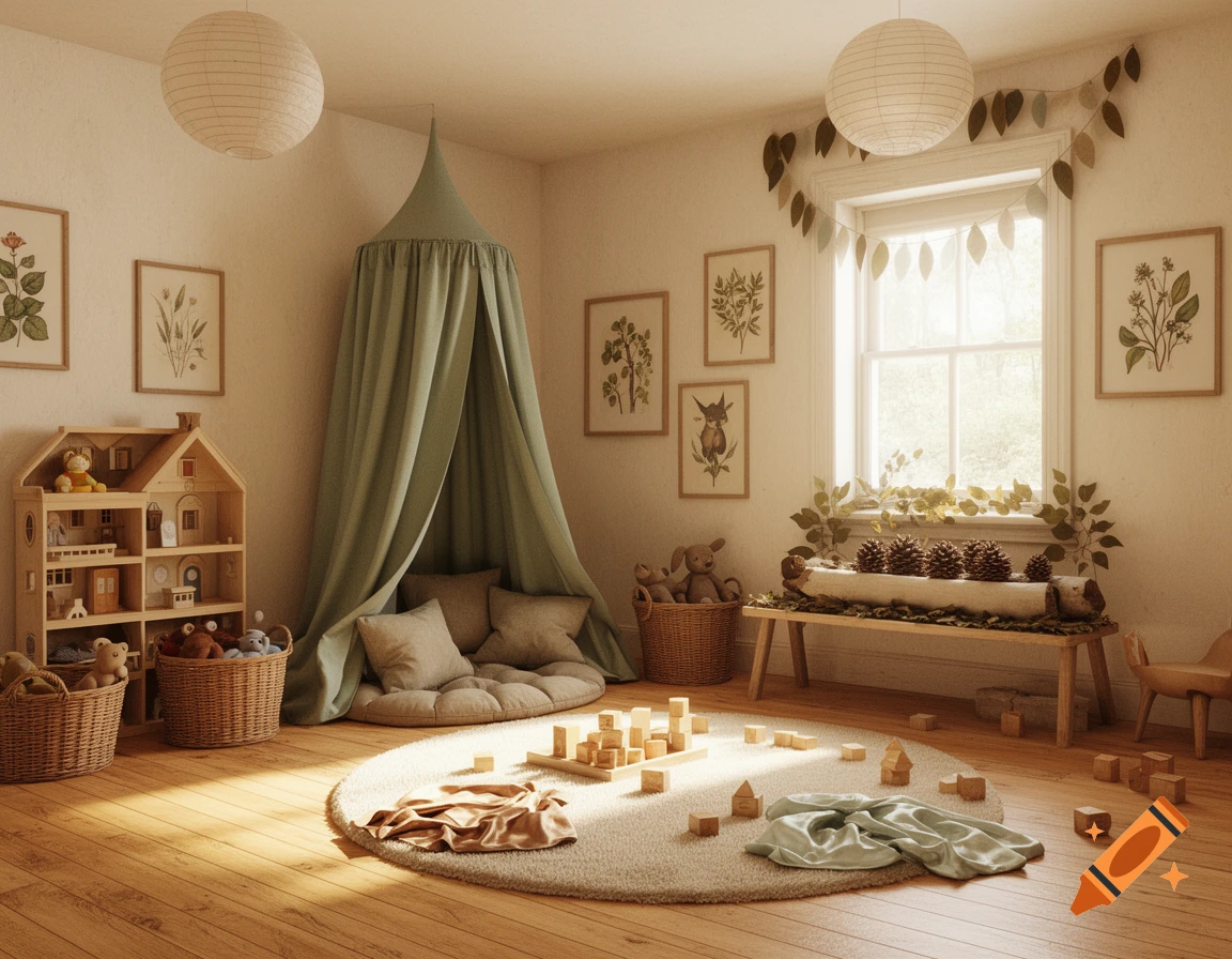 Whimsical Waldorf-inspired children's playroom with a sage green canopy reading nook, wooden dollhouse, and nature table by a sunlit window.