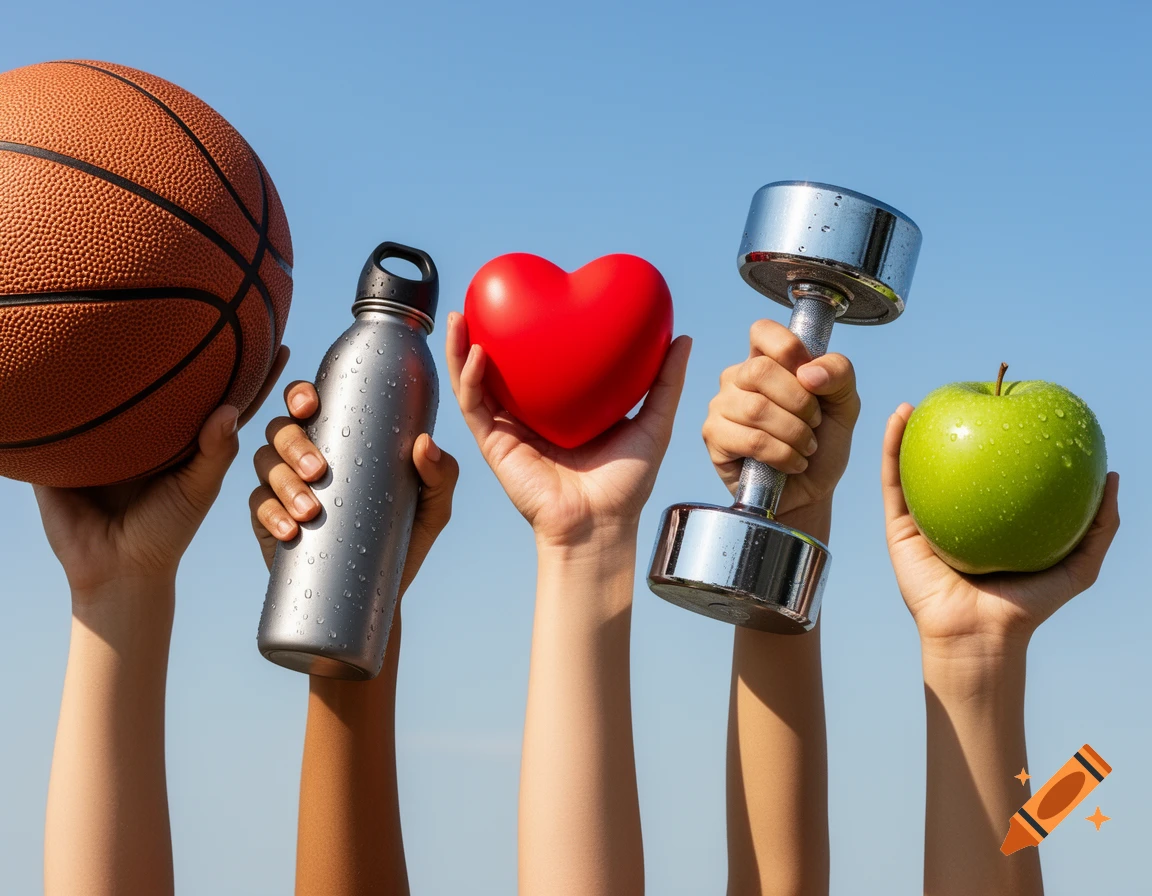 Five diverse hands hold a basketball, water bottle, red heart, dumbbell, and green apple against a blue sky, symbolizing health and fitness.