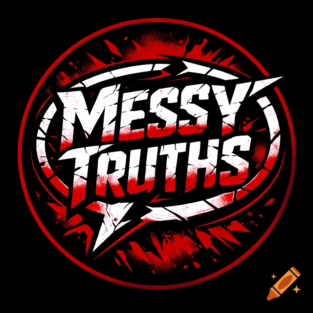 Circular black, red, and white grunge logo with "MESSY TRUTHS" in cracked, bold text, surrounded by a broken speech bubble outline.