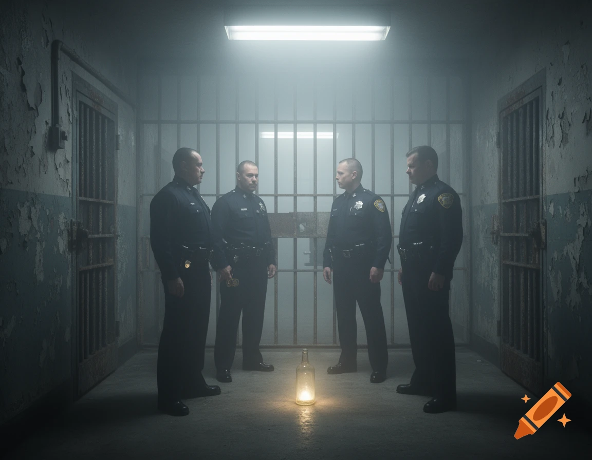 Four police officers stand in a circle in a foggy, dimly lit prison hallway with peeling paint, surrounding a glowing glass bottle on the floor.