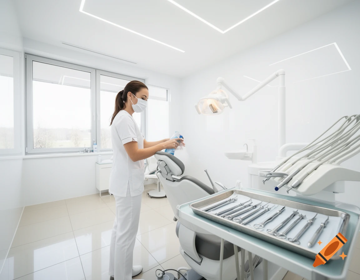 A dental hygienist in a mask and uniform cleaning a dental chair in a bright, modern clinic.