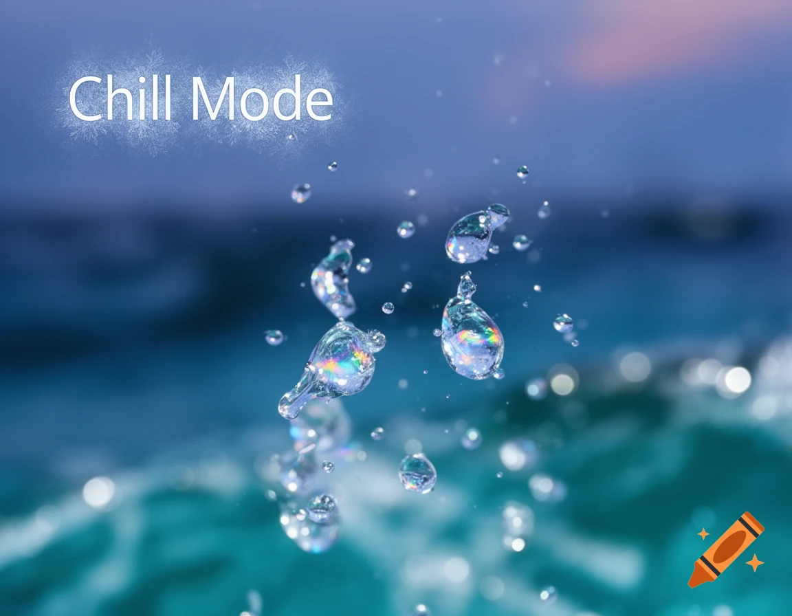Photorealistic close-up of colorful water droplets splashing against a blurred blue background, with the words 'Chill Mode' at the top.