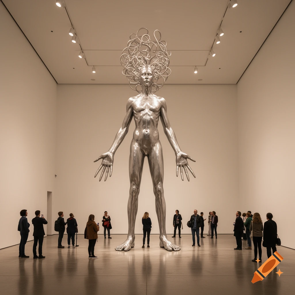 A massive, tall, nude silver sculpture with a chaotic hair-like structure on its head stands in a minimalist museum gallery, with several small human figures looking up at it.