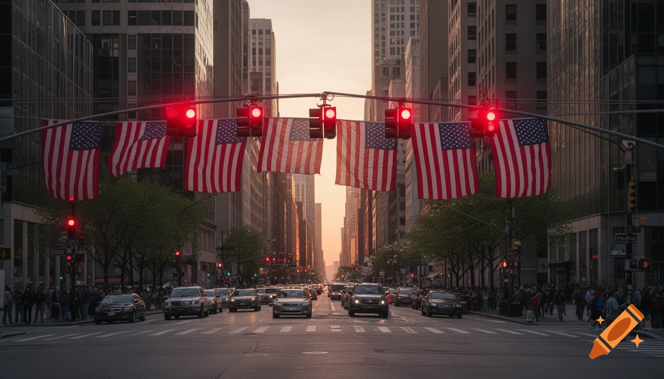 A bustling city street at sunset, lined with tall buildings and traffic, adorned with American flags hanging above the road.