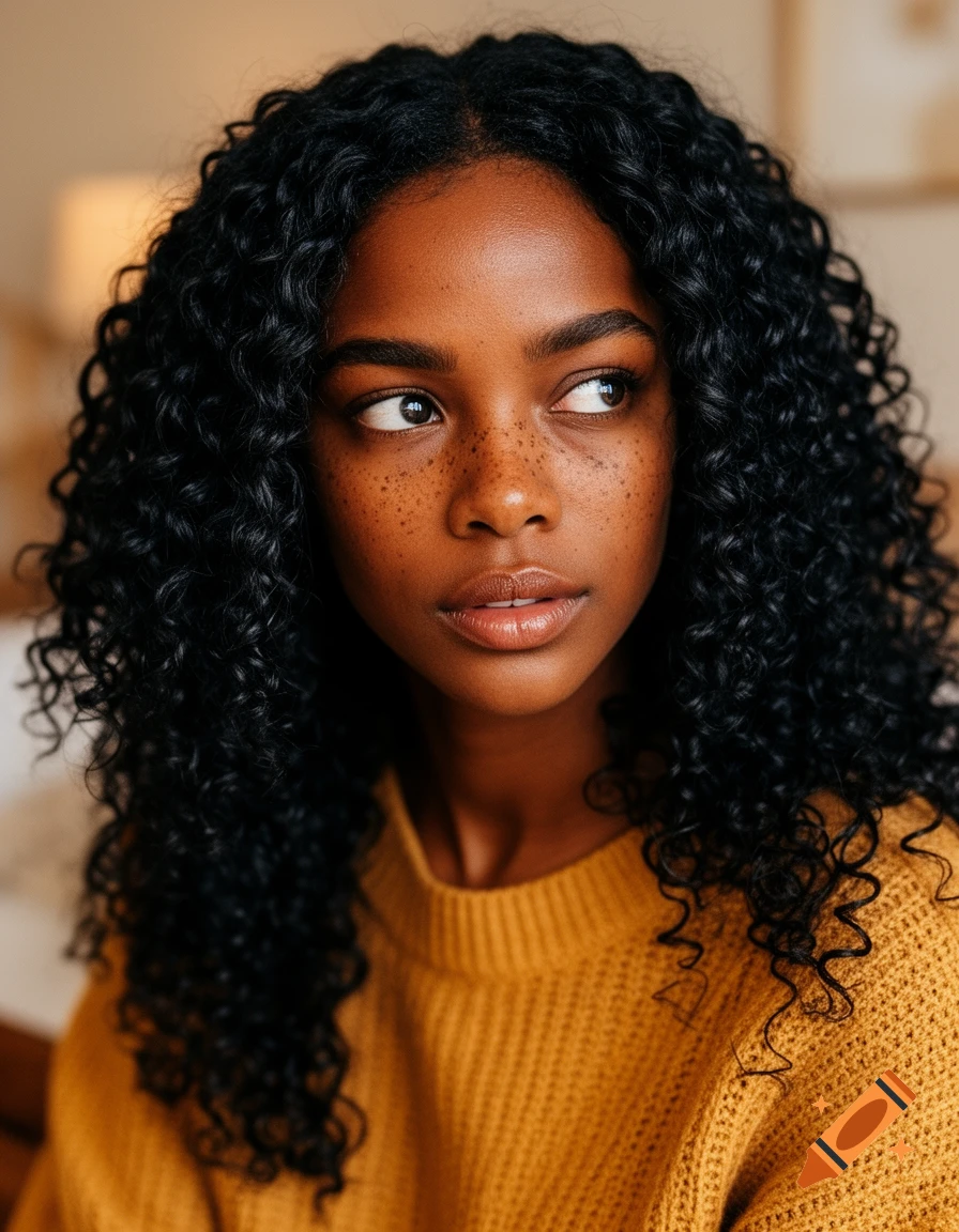 Photorealistic portrait of a young woman with dark skin, curly black ...