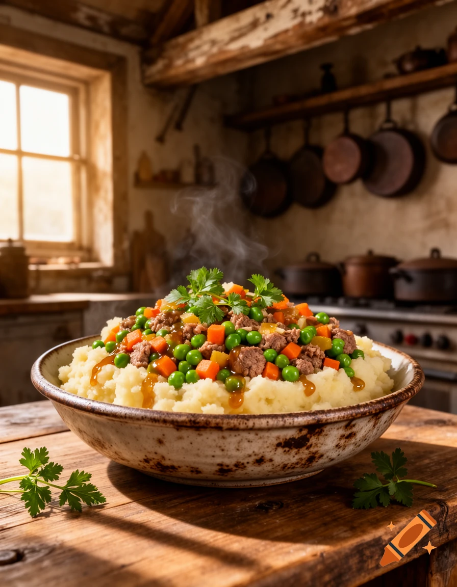 A steaming bowl of mashed potatoes topped with ground meat, peas, carrots, and gravy, garnished with parsley, on a rustic wooden table in a sunlit kitchen.