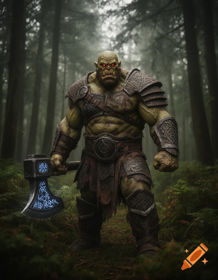 A muscular, green-skinned orc warrior with glowing red eyes stands in a ...
