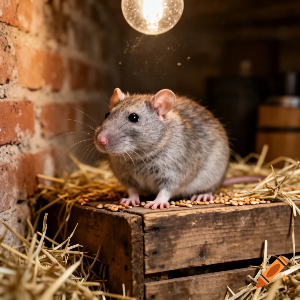 A plump rat sits on a wooden crate surrounded by straw, illuminated by a glowing light bulb against a brick wall.