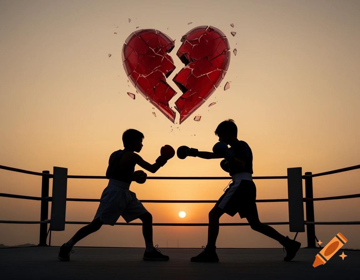 Silhouettes of two young boxers in a ring under a sunset sky, with a shattered red heart floating above them.