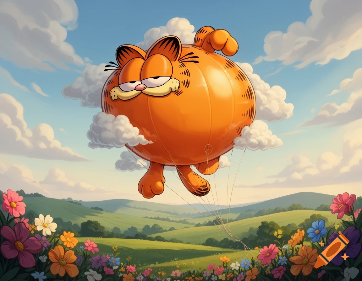 A giant, inflated Garfield balloon floats peacefully in a blue sky above a vibrant field of colorful flowers and green hills.