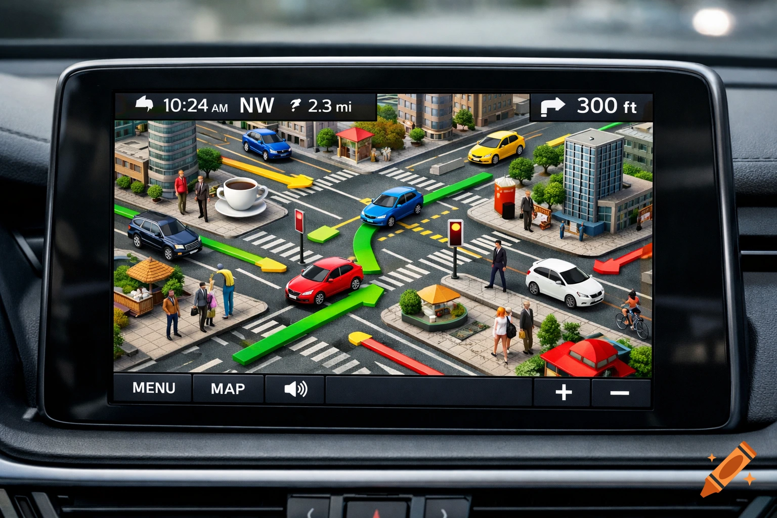 A car's GPS screen showing a 3D isometric map of a miniature city intersection with cars, people, and buildings, indicating a route.