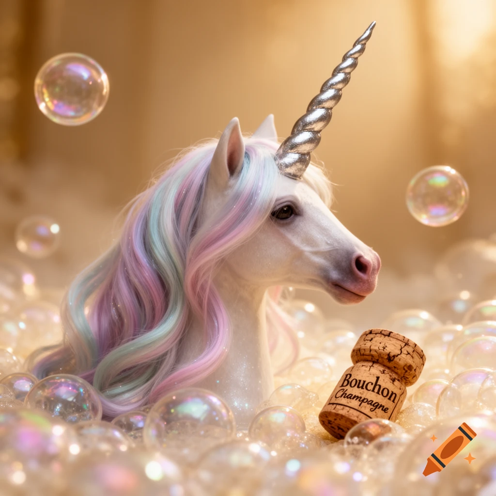 Photorealistic unicorn with rainbow mane in a bubble bath, with a champagne cork.
