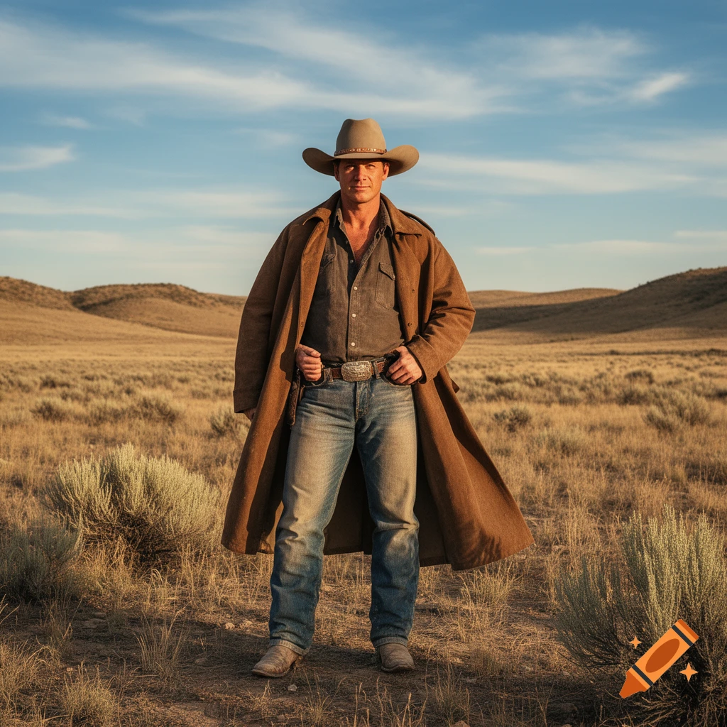 A man in a cowboy hat and long brown duster coat stands in a vast, arid landscape under a blue sky.