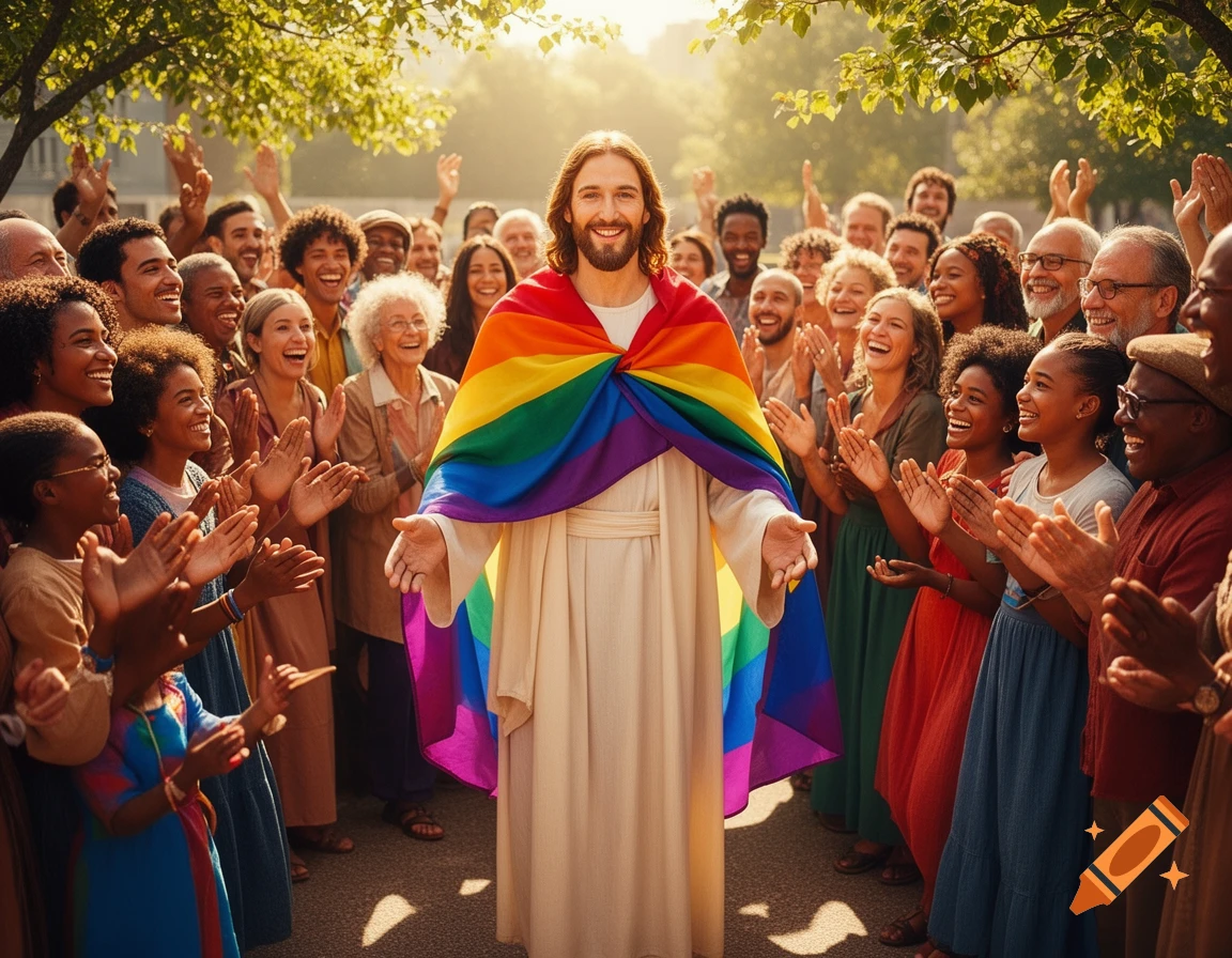 Smiling Jesus with a rainbow pride flag draped over his shoulders, surrounded by a diverse, joyful crowd clapping under sunlit trees.