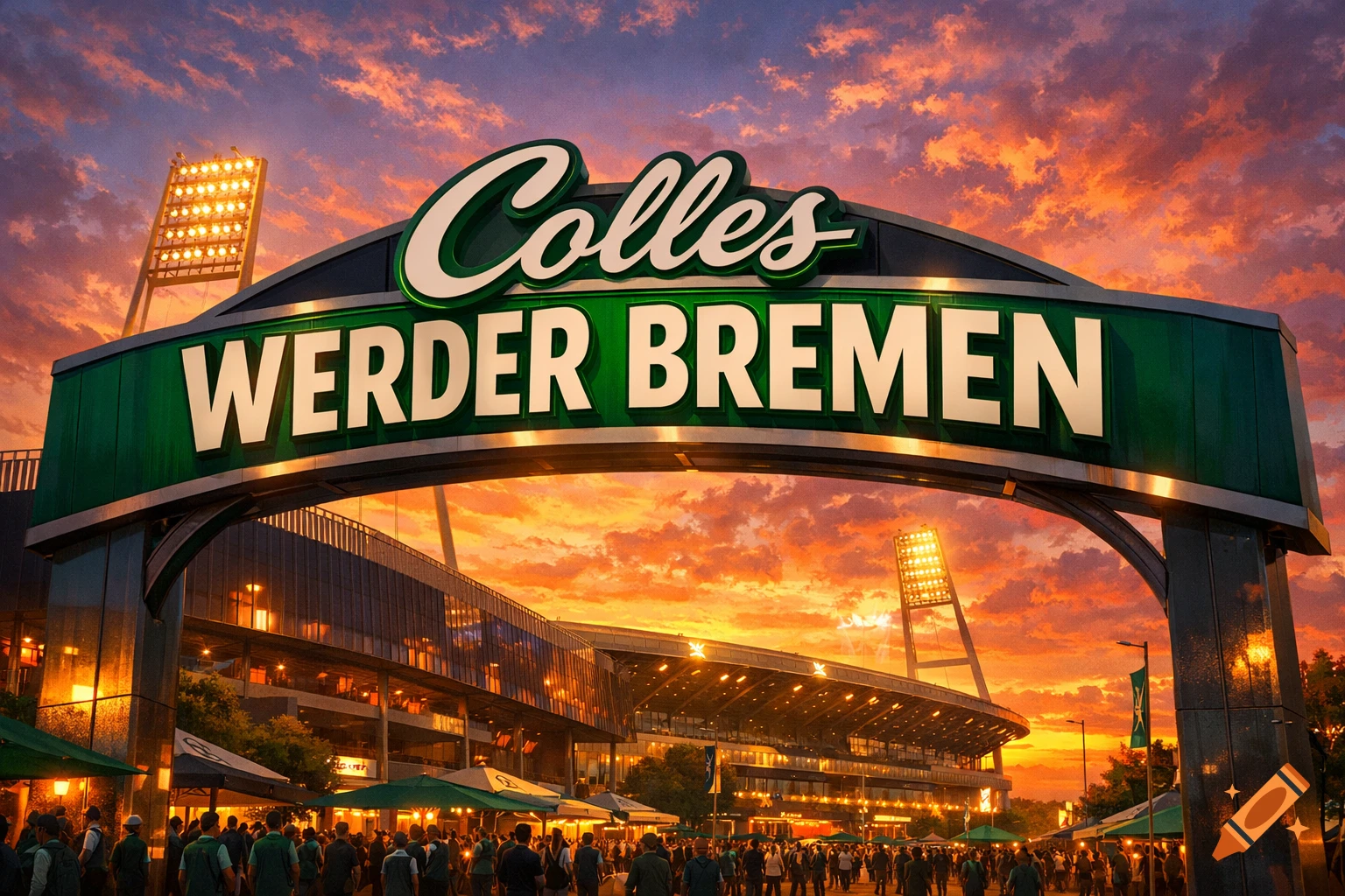 Colles Werder Bremen stadium entrance sign under a dramatic sunset sky with a large crowd below.