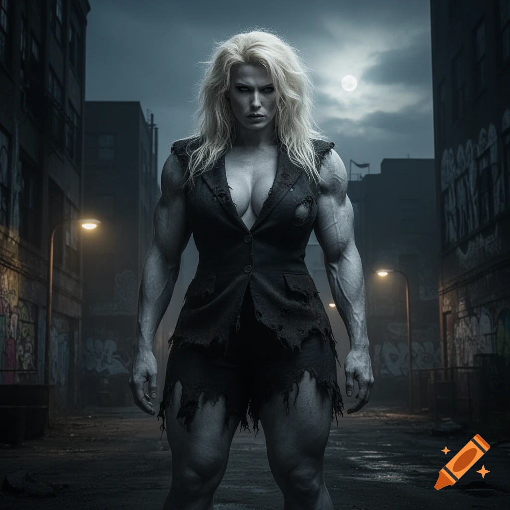 A muscular, pale-skinned woman with long blonde hair, wearing ripped dark clothes, stands menacingly in a shadowy city alley under a full moon. Photorealistic style.
