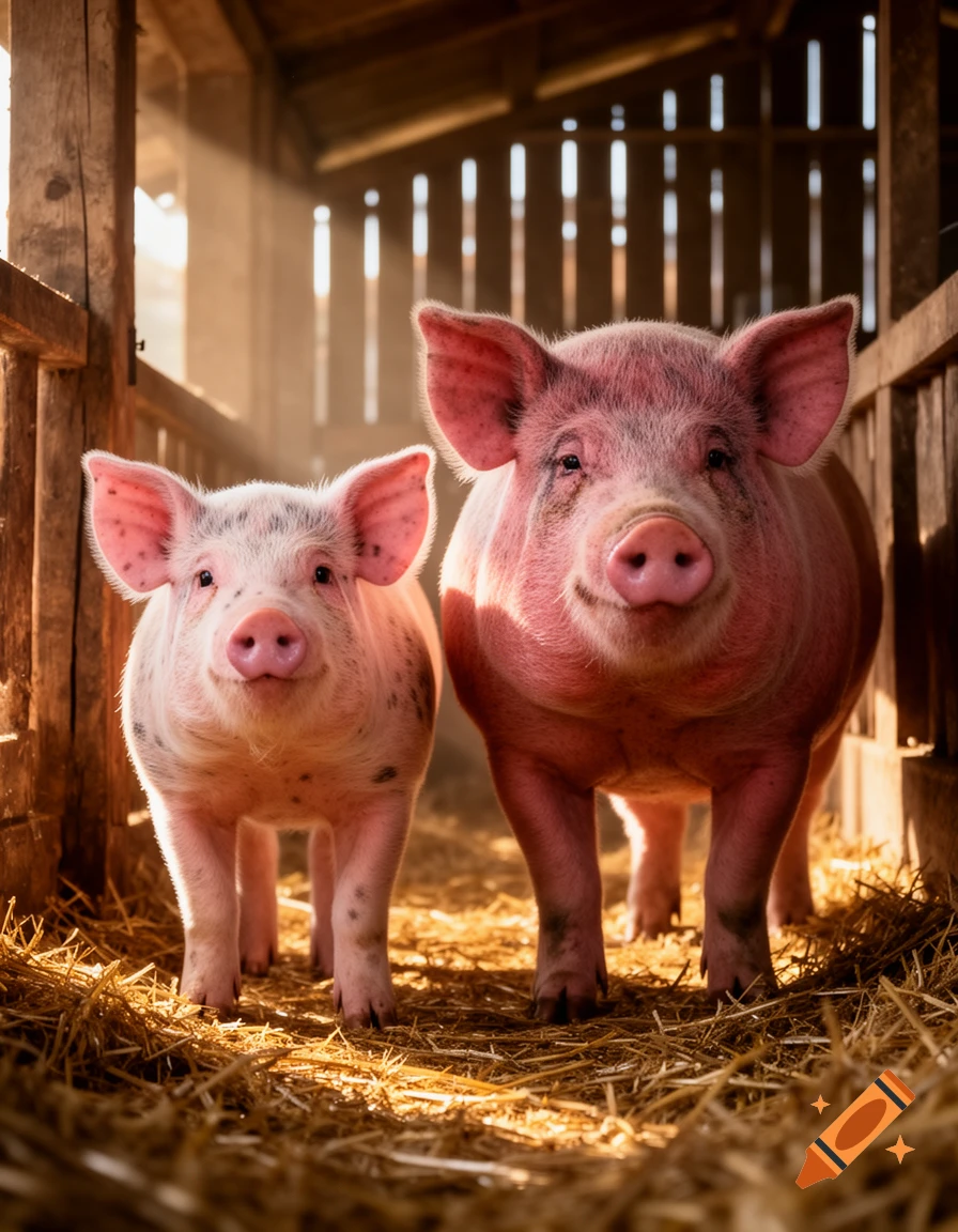 Photorealistic image of a smaller piglet and a larger pig standing on straw inside a rustic barn with sunlight.