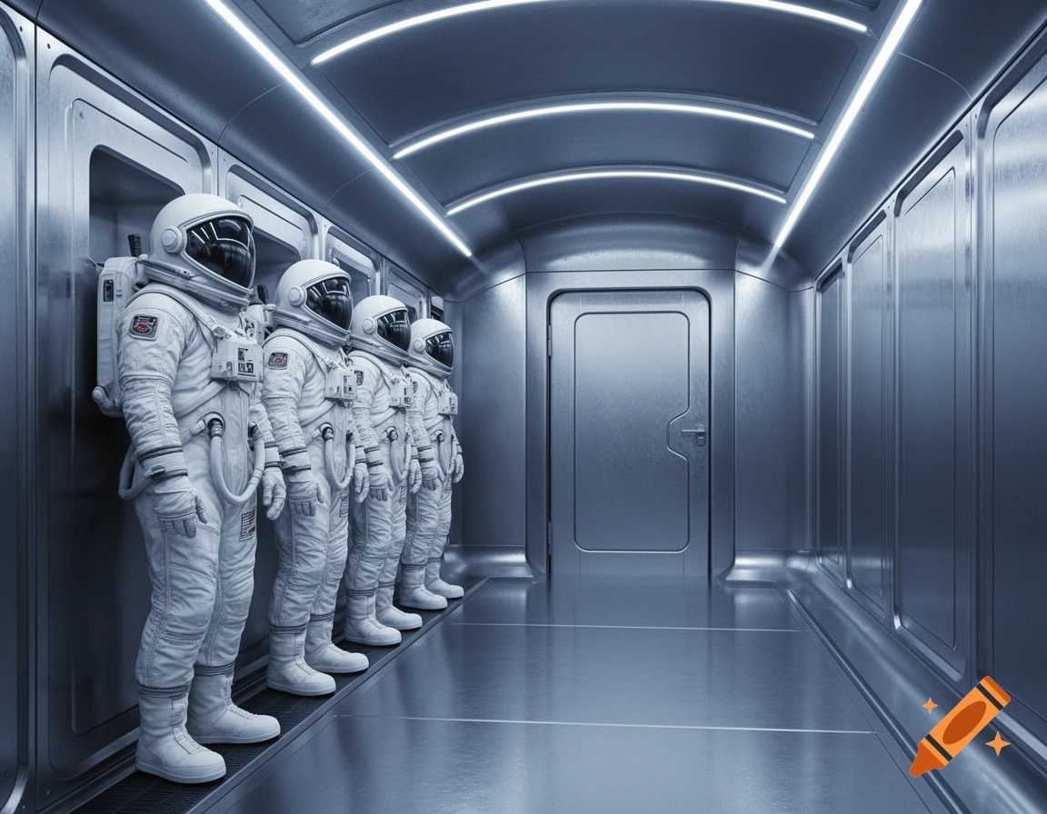 Five astronauts in white space suits stand in a line in a futuristic, metallic corridor with curved ceilings and strip lighting.