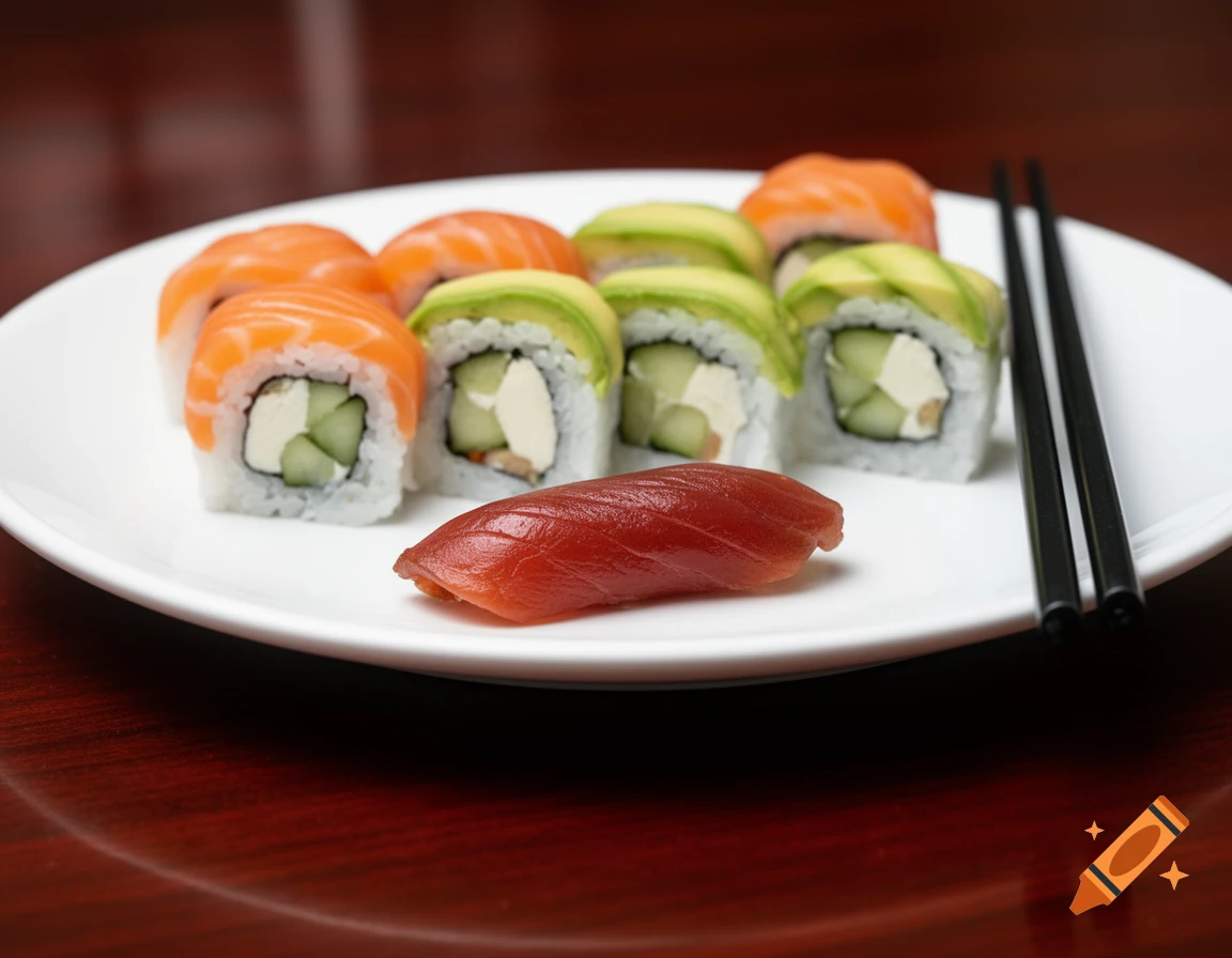 A plate of salmon and avocado sushi rolls with a piece of tuna and black chopsticks on a white plate.