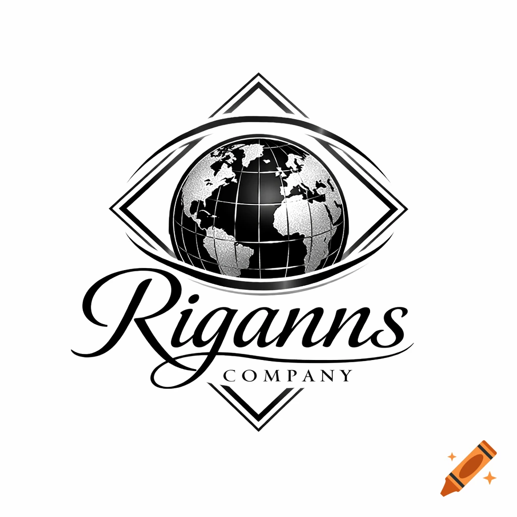 Black and silver business logo with a globe inside an eye-shaped frame, text says Riganns Company.