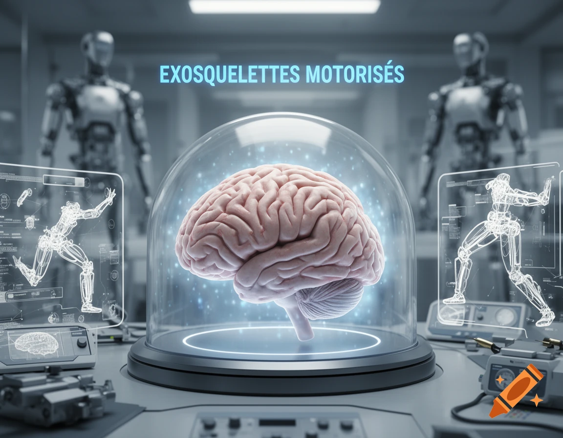 A human brain in a glowing glass dome on a futuristic table, flanked by holographic exoskeleton schematics and blurred robots in a lab.