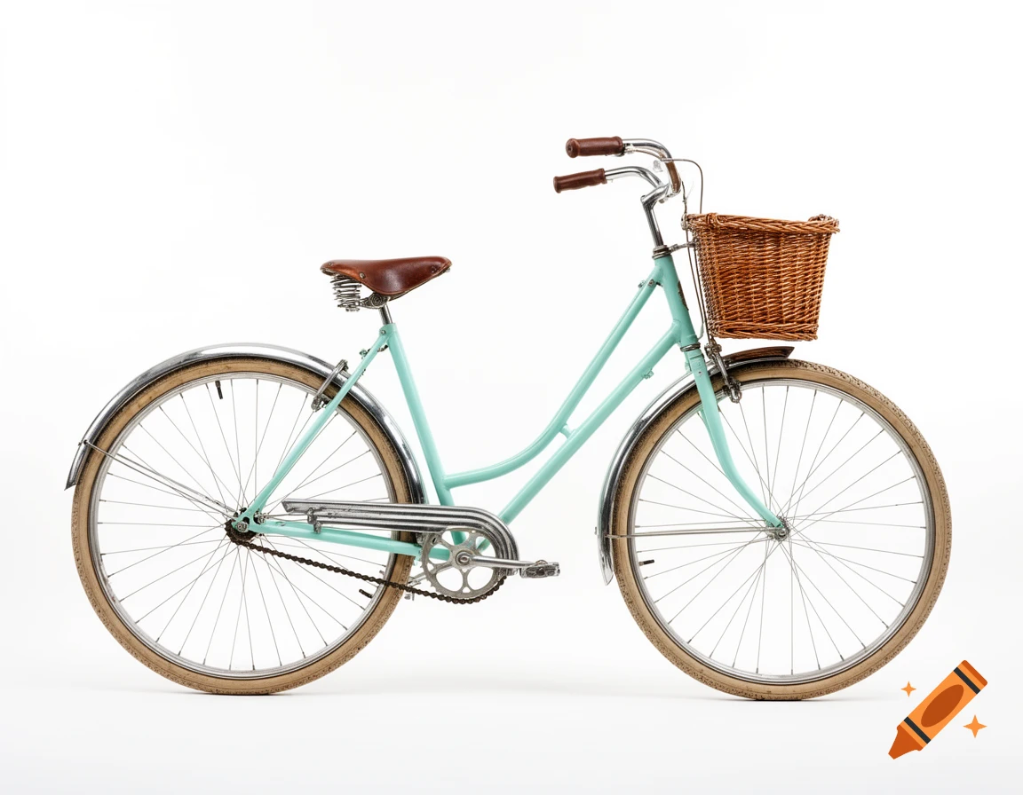 A vintage light blue women's bicycle with a brown leather seat and a wicker front basket, on a white background, viewed from the side.