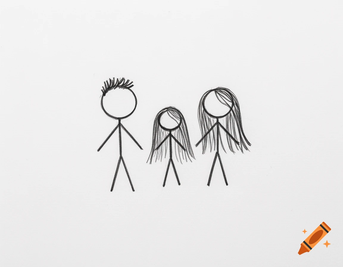Black pencil drawing of three stick figures representing a family on white paper.