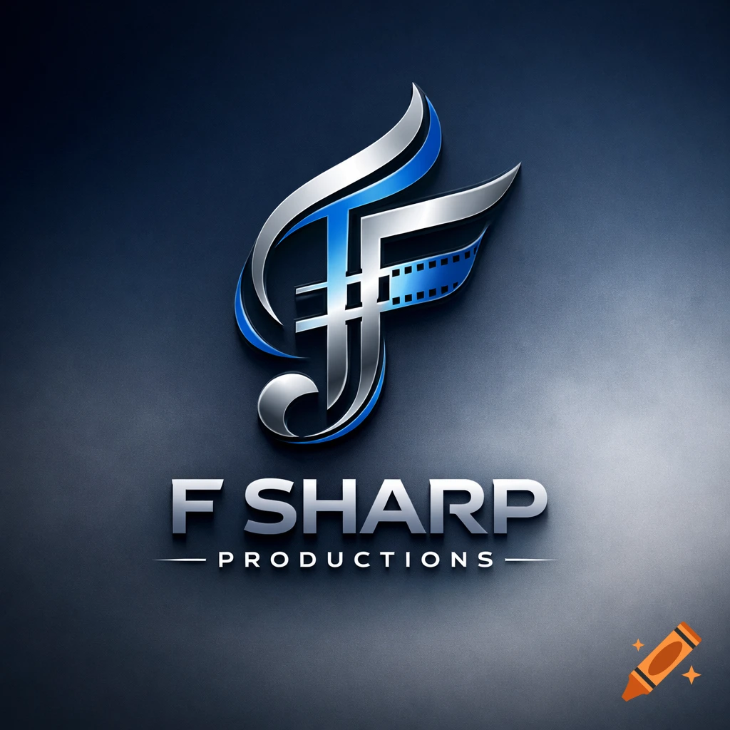 A metallic 3D logo with a stylized silver and blue 'F' resembling a musical note and a film strip, above the text 'F SHARP PRODUCTIONS' on a dark background.