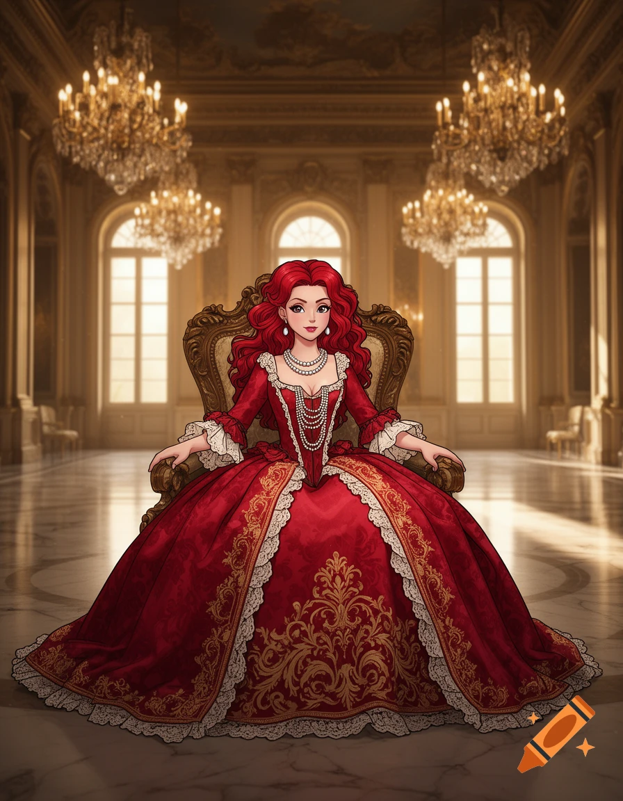 An anime girl with long red hair wears an elaborate red 1700s baroque ballgown, sitting in a grand palace hall.
