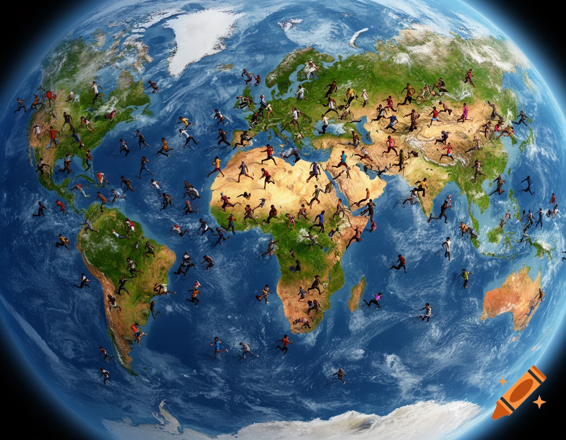 An aerial view of the Earth with numerous small, stylized people running across the continents and oceans.